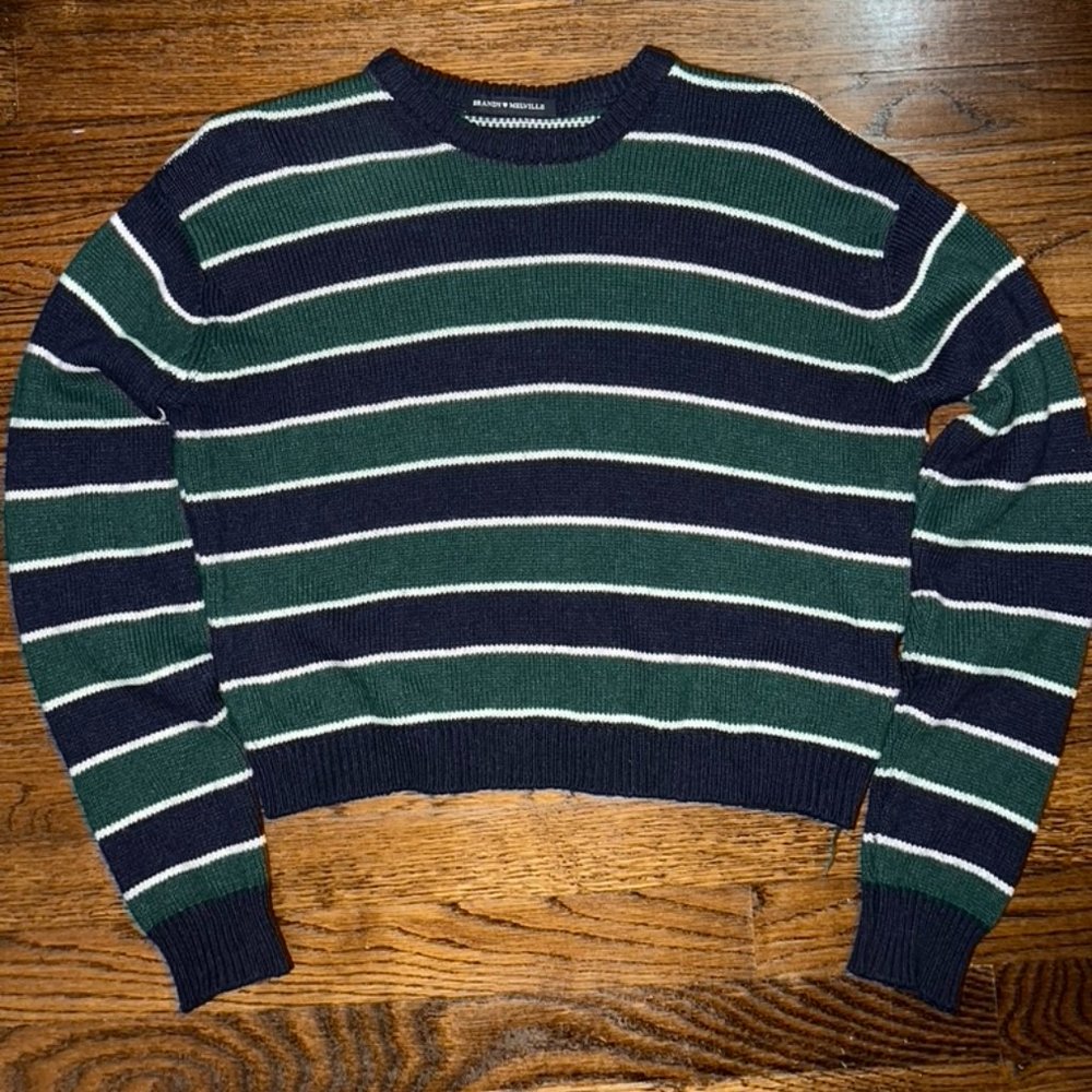 Brandy Melville Green and Navy Striped Sweater